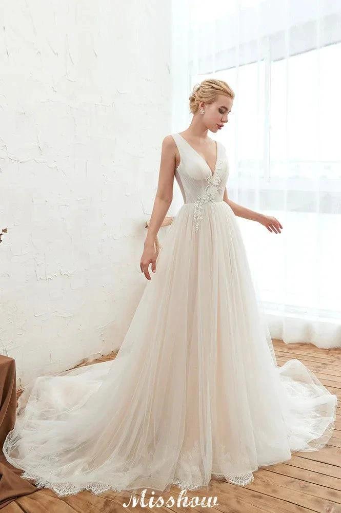 Sexy V-neck Princess Tulle Wedding Dress with Lace Appliques by misshow.com