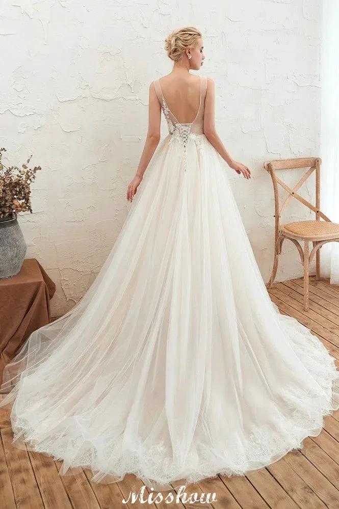Sexy V-neck Princess Tulle Wedding Dress with Lace Appliques by misshow.com