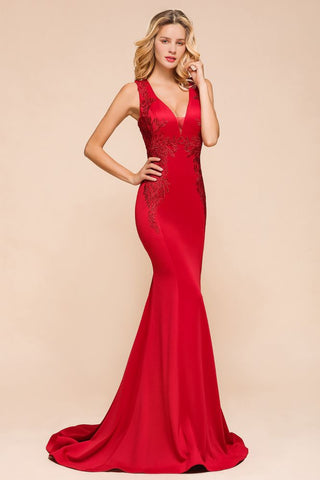 Sexy V-neck Sleeveless Mermaid Evening Maxi Gown Floral Appliques Party Dress with Sweep Train