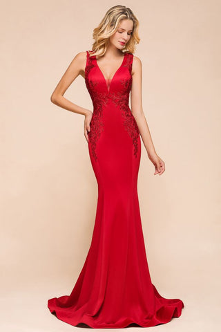 Sexy V-neck Sleeveless Mermaid Evening Maxi Gown Floral Appliques Party Dress with Sweep Train