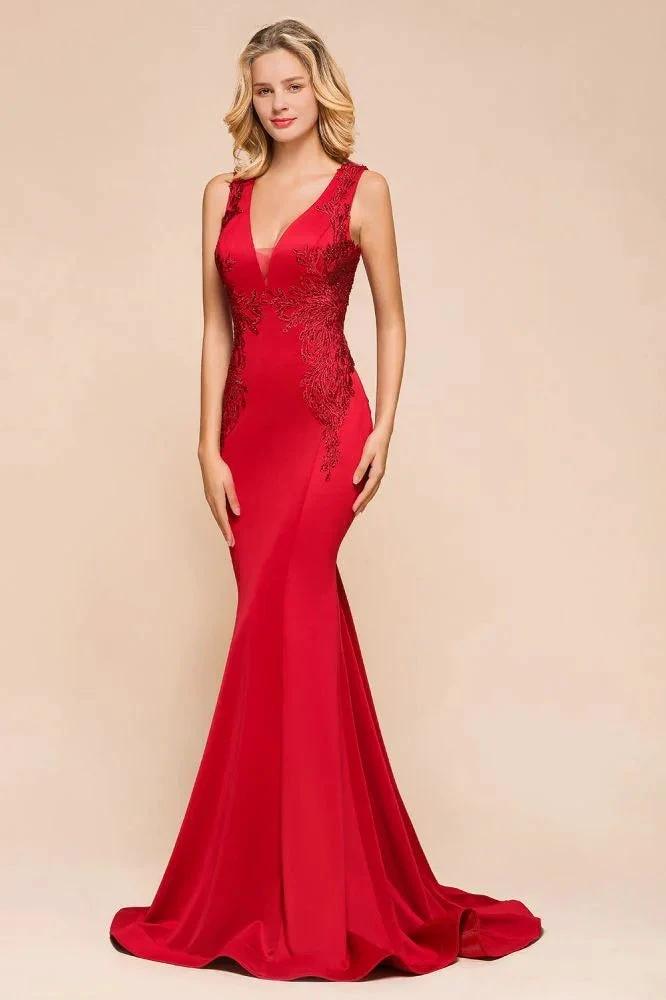 Sexy V-neck Sleeveless Mermaid Evening Maxi Gown Floral Appliques Party Dress with Sweep Train by misshow.com