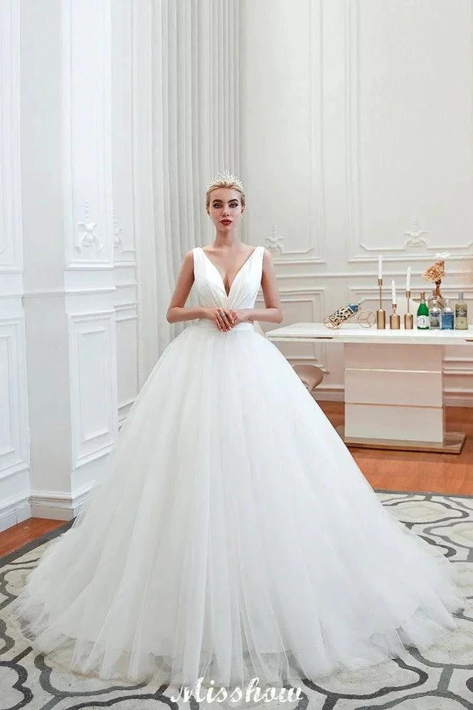 Sexy V-Neck Sleeveless Princess Spring Wedding Dress | White Low Back Bridal Gowns with Belt by misshow.com