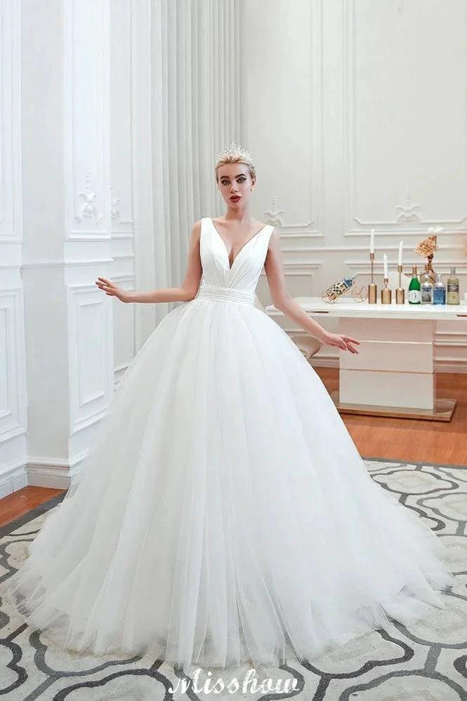 Sexy V-Neck Sleeveless Princess Spring Wedding Dress | White Low Back Bridal Gowns with Belt by misshow.com