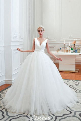 Sexy V-Neck Sleeveless Princess Spring Wedding Dress | White Low Back Bridal Gowns with Belt