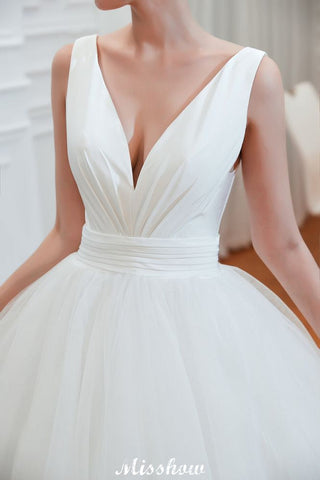Sexy V-Neck Sleeveless Princess Spring Wedding Dress | White Low Back Bridal Gowns with Belt