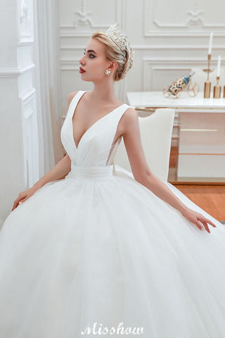 Sexy V-Neck Sleeveless Princess Spring Wedding Dress | White Low Back Bridal Gowns with Belt