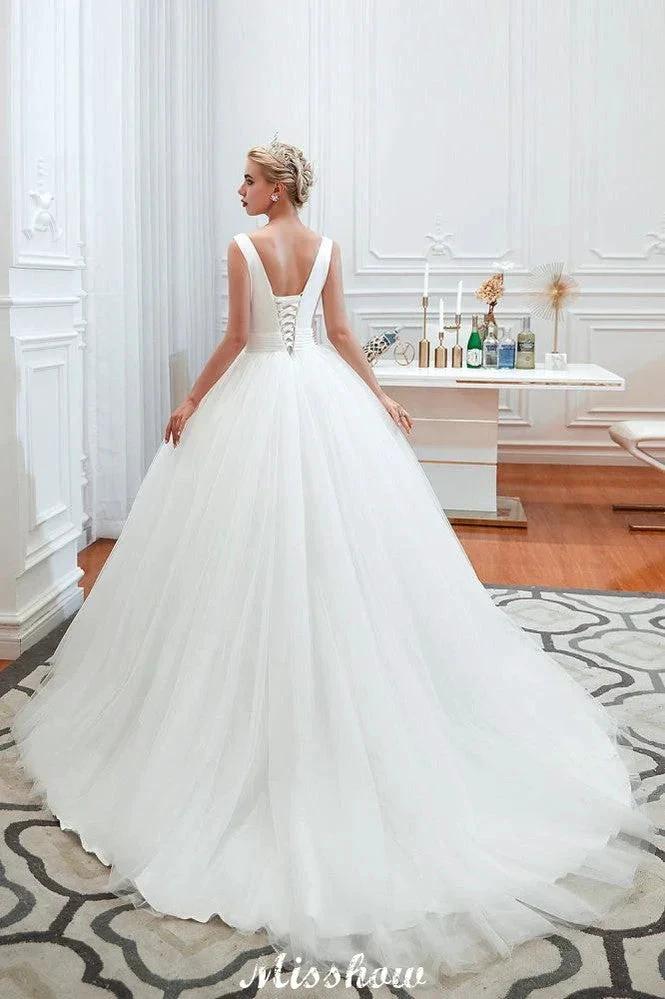 Sexy V-Neck Sleeveless Princess Spring Wedding Dress | White Low Back Bridal Gowns with Belt by misshow.com