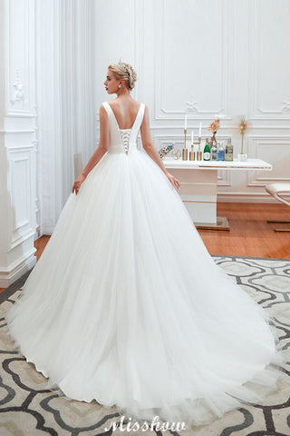 Sexy V-Neck Sleeveless Princess Spring Wedding Dress | White Low Back Bridal Gowns with Belt