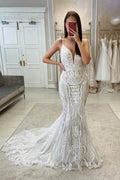 Sexy V-neck Spaghetti Straps Lace Sleeveless Wedding Dress by misshow.com