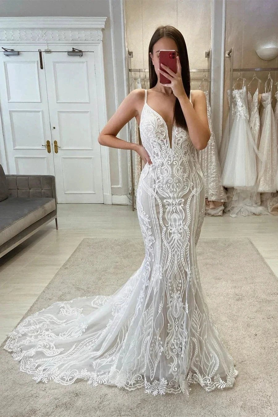Sexy V-neck Spaghetti Straps Lace Sleeveless Wedding Dress by misshow.com