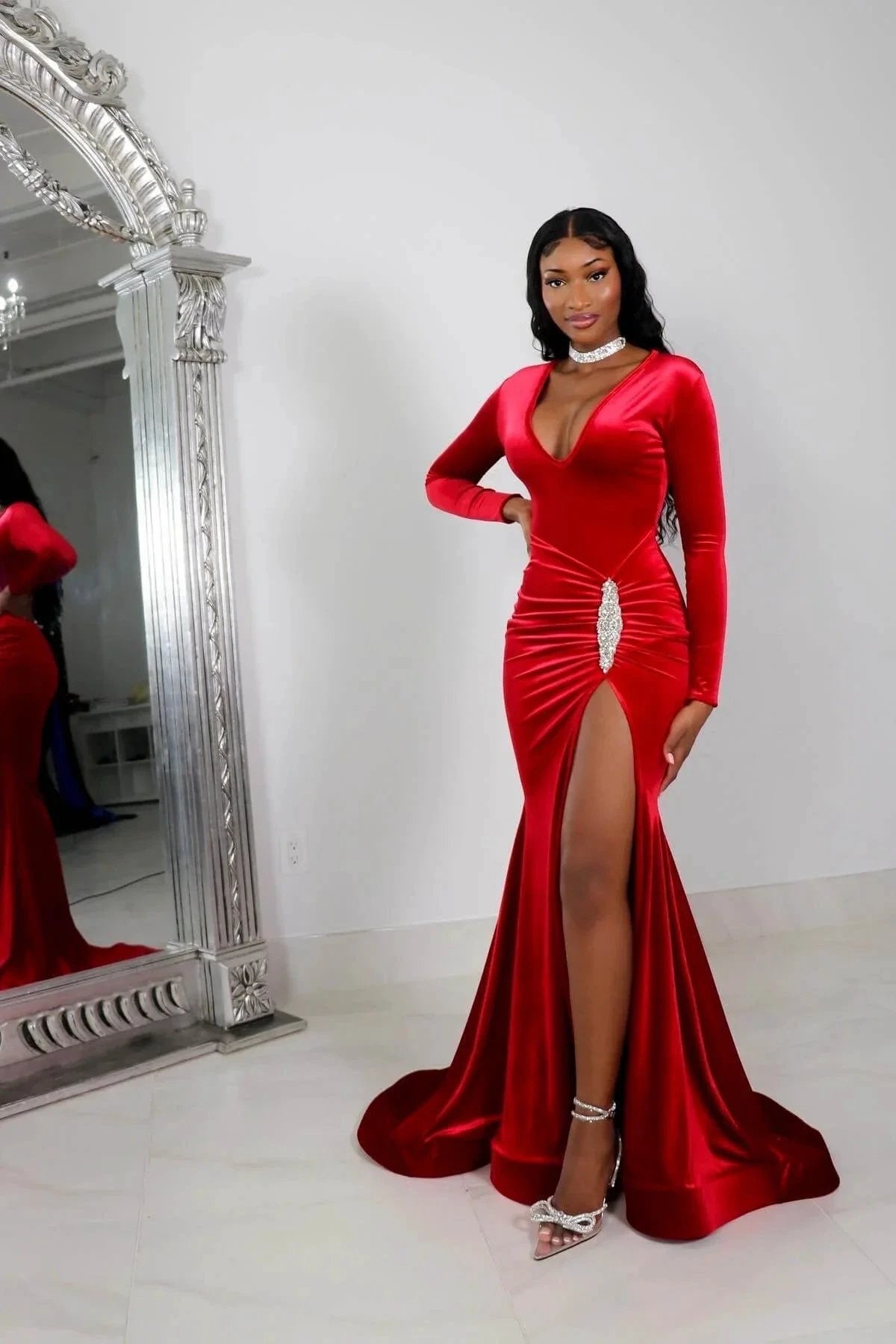 Sexy V-neck Split Front Long Mermaid Prom Dress With Long Sleeves by misshow.com