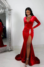 Sexy V-neck Split Front Long Mermaid Prom Dress With Long Sleeves by misshow.com