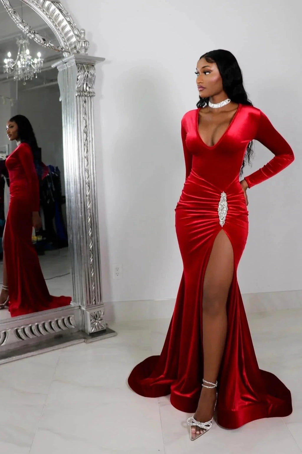 Sexy V-neck Split Front Long Mermaid Prom Dress With Long Sleeves by misshow.com