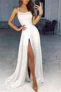 Sexy White Long A-line Spaghetti Straps Prom Dress with Slit by BIZTUNNEL