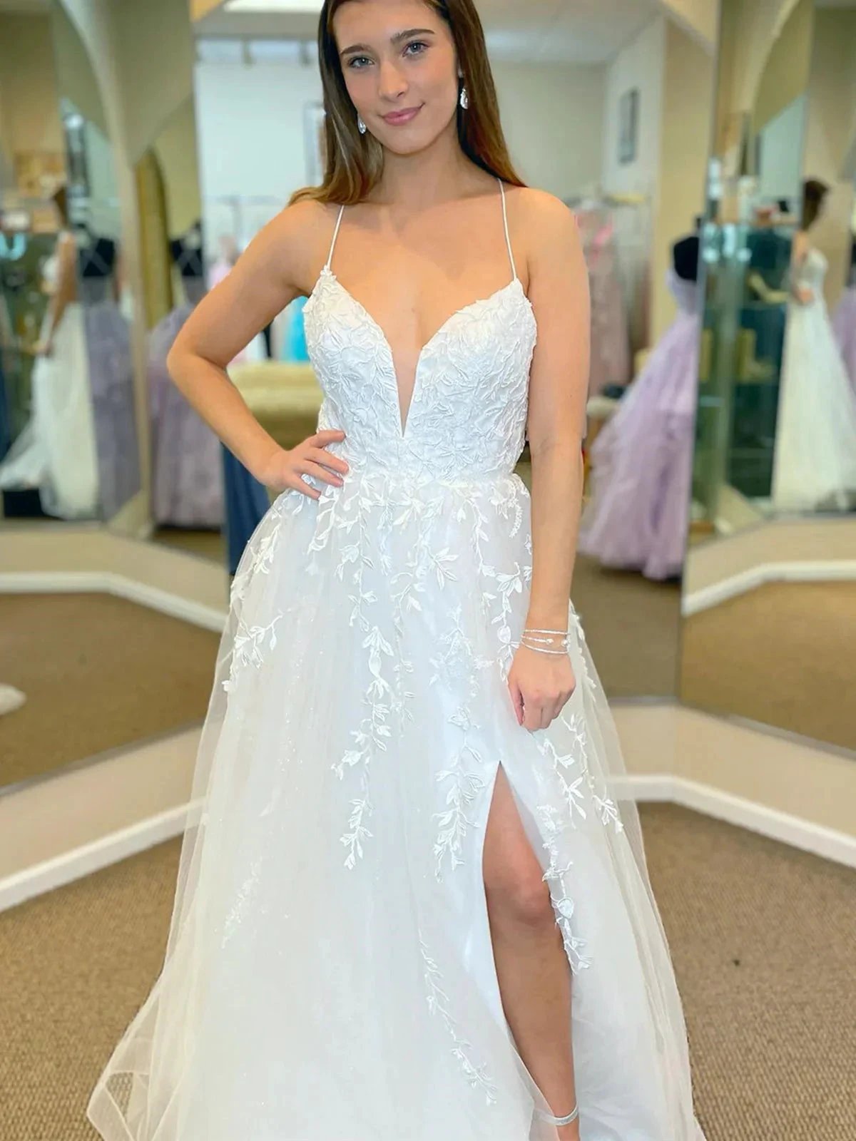 Sexy White Long A Line V Neck Lace Tulle Prom Dresses with Slit by BIZTUNNEL