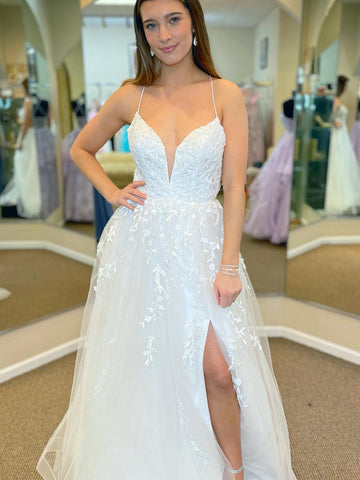 Sexy White Long A Line V Neck Lace Tulle Prom Dresses with Slit