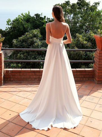 Sexy weißes langes A-Linien-Ballkleid aus Satin mit V-Ausschnitt und offenem Rücken und Schlitz