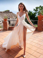 Sexy White Long A-line V-neck Open Back Satin Formal Prom Dresses with Slit by BIZTUNNEL