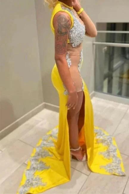 Sexy Yellow Jewel Floor Length Lace Sleeveless Mermaid Prom Dress With Slit by misshow.com