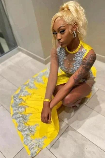 Sexy Yellow Jewel Floor Length Lace Sleeveless Mermaid Prom Dress With Slit by misshow.com