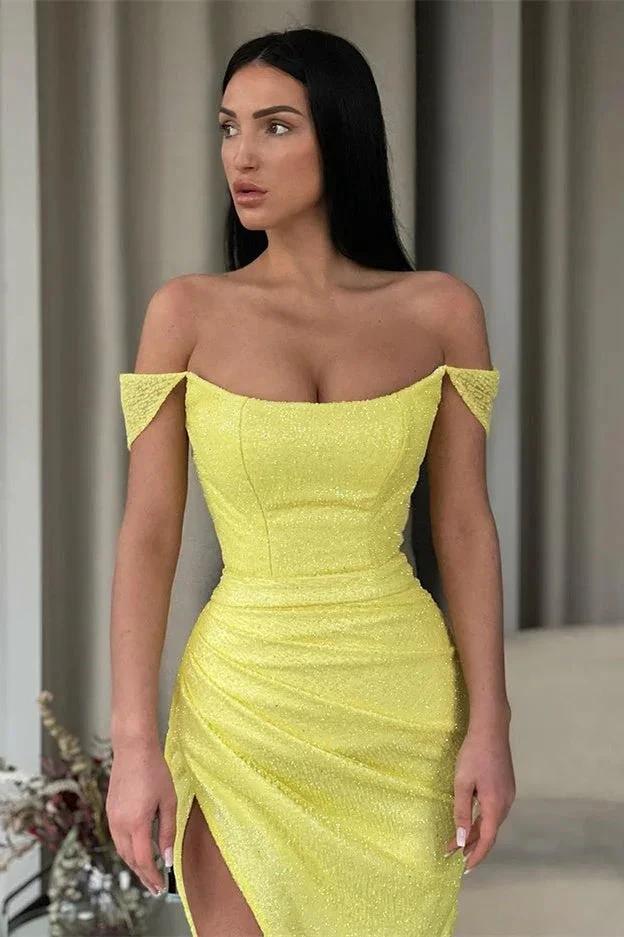 Sexy Yellow Off-the-shoulder Long Prom Dress With Slit by misshow.com