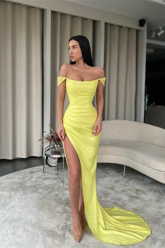Sexy Yellow Off-the-shoulder Long Prom Dress With Slit by misshow.com