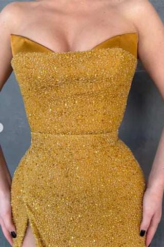 Sexy Yellow Sleeveless Mermaid Prom Dress With Side Slit