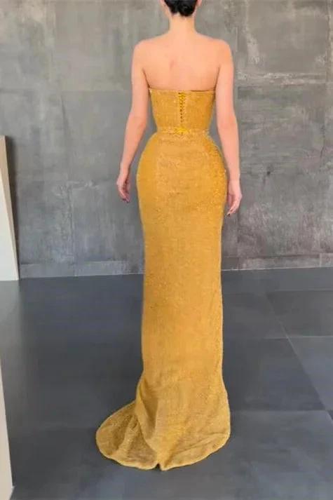 Sexy Yellow Sleeveless Mermaid Prom Dress With Side Slit by misshow.com