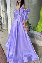 Shanty | A-Line Off-Shoulder Bow Pleated Long Prom Dress by KissProm