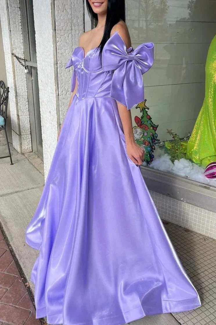Shanty | A-Line Off-Shoulder Bow Pleated Long Prom Dress by KissProm