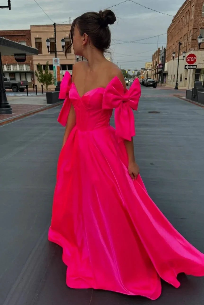 Shanty | A-Line Off-Shoulder Bow Pleated Long Prom Dress by KissProm