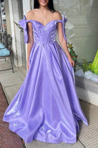 Shanty | A-Line Off-Shoulder Bow Pleated Long Prom Dress by KissProm