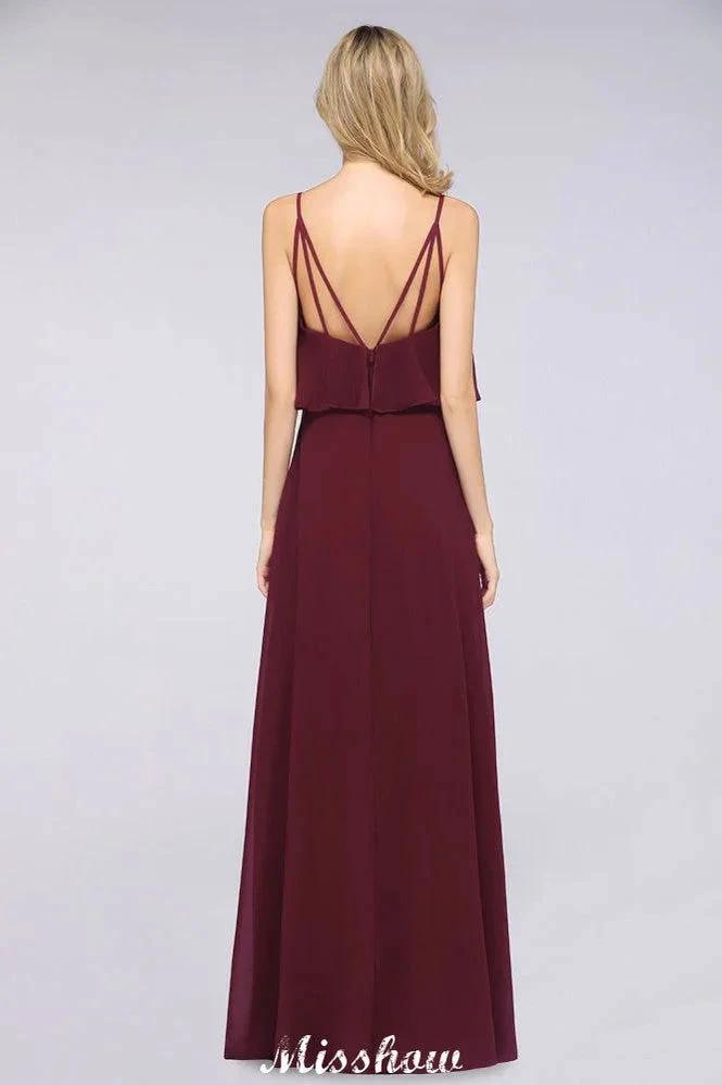 Shapghetti Burgundy Bridesmaid Dress Backless Chiffon Wedding Guest Dress by misshow.com