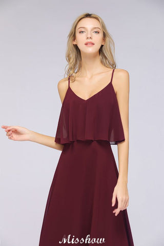 Vestido de dama de honor Shapghetti color burdeos, sin espalda, de gasa, para invitada de boda