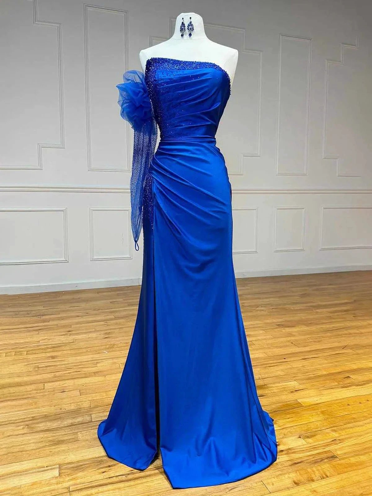 Sharice | Mermaid Strapless Beaded Ruched Long Prom Dress with Sleeve by KissProm