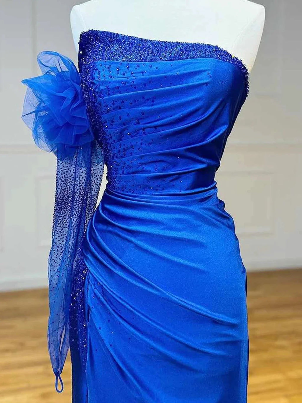 Sharice | Mermaid Strapless Beaded Ruched Long Prom Dress with Sleeve by KissProm