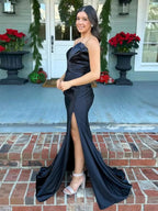 Shayna | Mermaid Pleats Strapless Black Long Prom Dresses with Slit by KissProm
