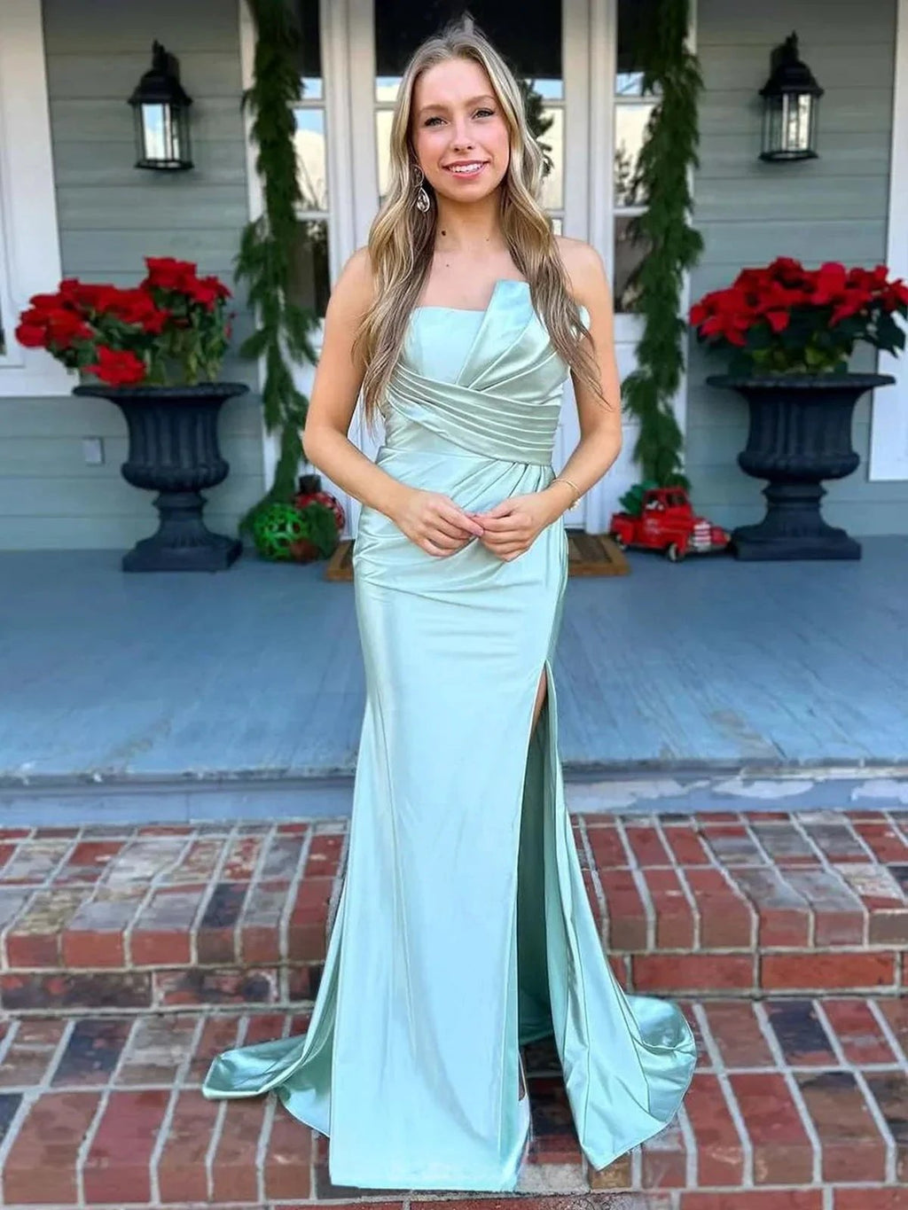 Shayna | Mermaid Pleats Strapless Black Long Prom Dresses with Slit by KissProm