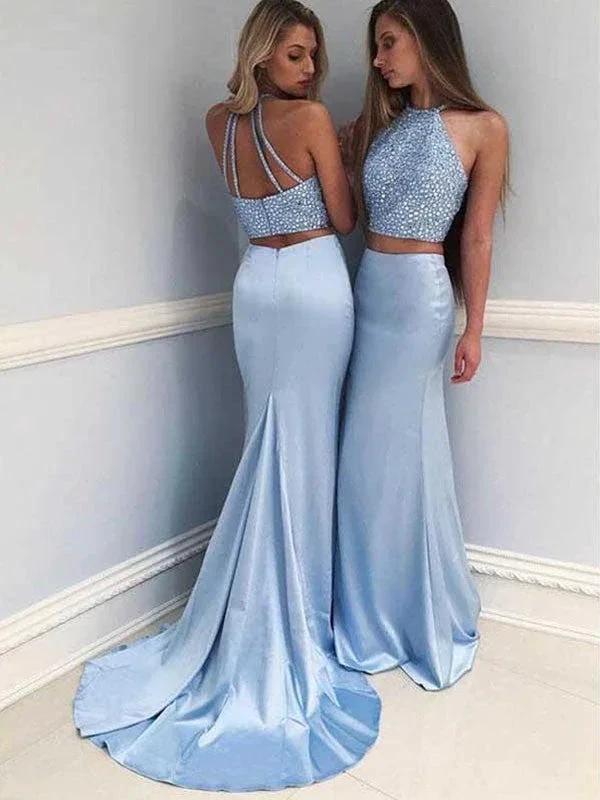 Sheath Halter Sleeveless With Beading Satin Two Piece Prom Dresses by misshow.com