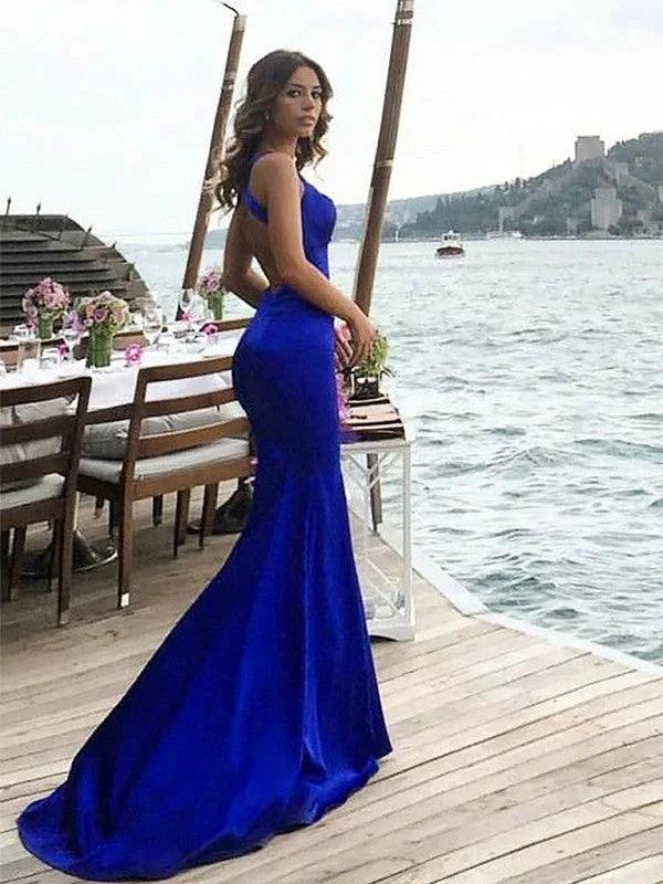 Sheath Halter Sleeveless With Ruched Satin Prom Dresses by misshow.com