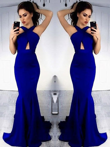 Sheath Halter Sleeveless With Ruched Satin Prom Dresses