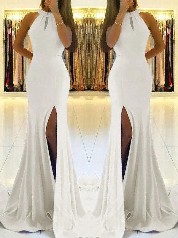 Sheath Halter Sleeveless With Ruffles Stretch Crepe Prom Dresses by misshow.com