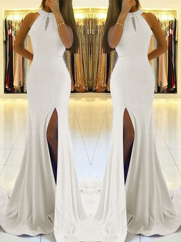 Sheath Halter Sleeveless With Ruffles Stretch Crepe Prom Dresses Hover Image