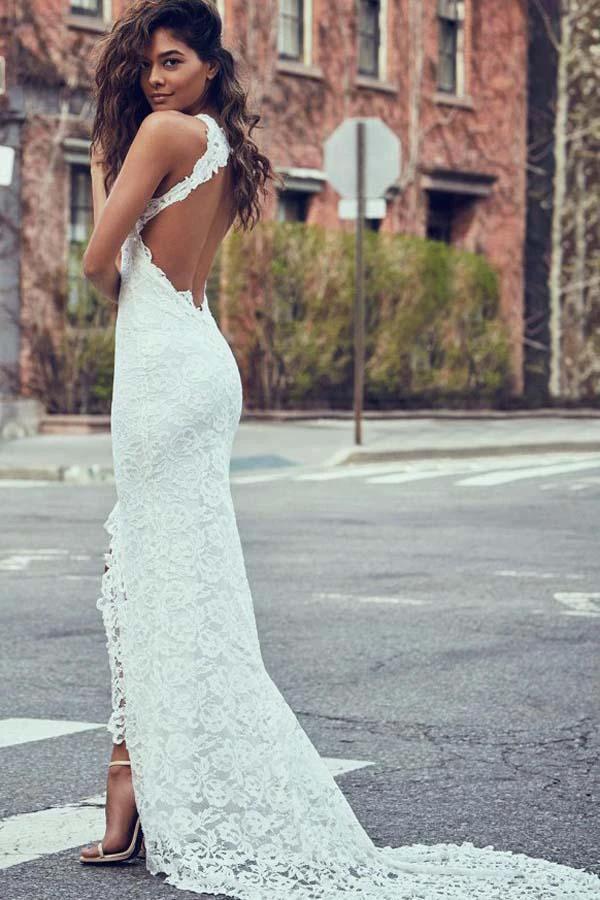 Sheath High Neck Sweep Train Open Back Lace Wedding Dress with Split WD397 by pgmdress