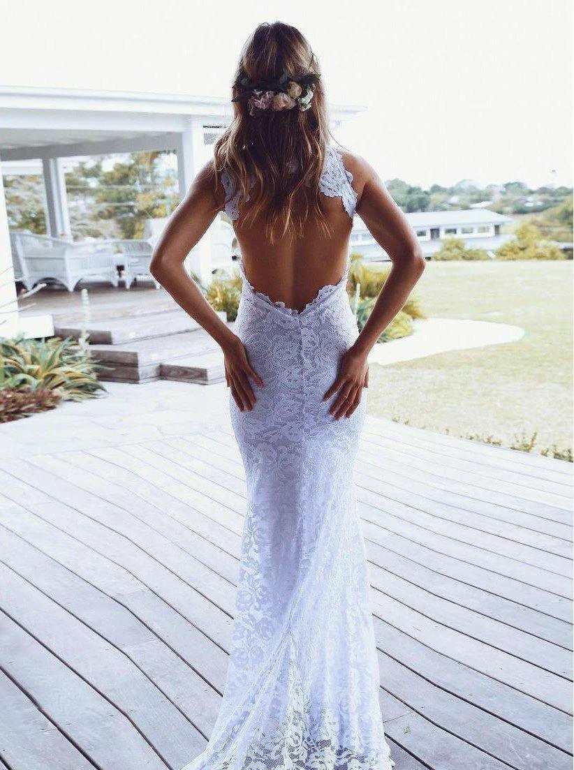 Sheath High Neck Sweep Train Open Back Lace Wedding Dress with Split WD397 by pgmdress