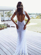 Sheath High Neck Sweep Train Open Back Lace Wedding Dress with Split WD397 by pgmdress
