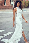 Sheath High Neck Sweep Train Open Back Lace Wedding Dress with Split WD397 by pgmdress