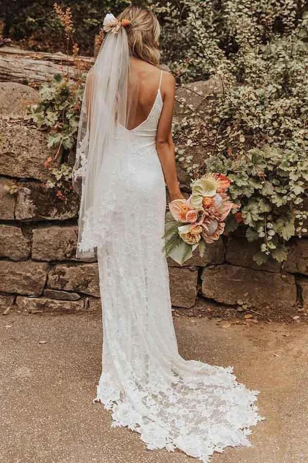 Sheath Lace Backless Scoop Sleeveless Split Court Train Wedding Dress WD258 by pgmdress