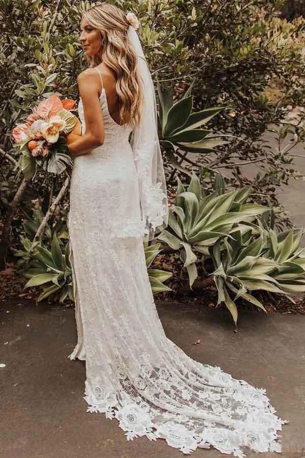 Sheath Lace Backless Scoop Sleeveless Split Court Train Wedding Dress WD258 by pgmdress