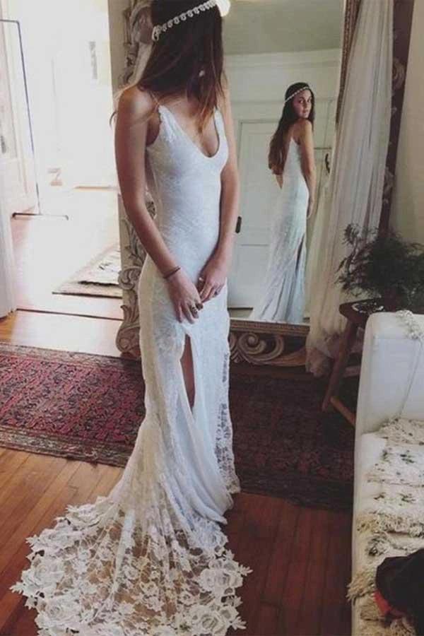 Sheath Lace Backless Scoop Sleeveless Split Court Train Wedding Dress WD258 by pgmdress